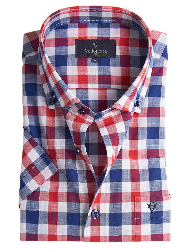 Men's cotton short sleeve summer cotton slub shirt, red and blue by Vedoneire of Ireland