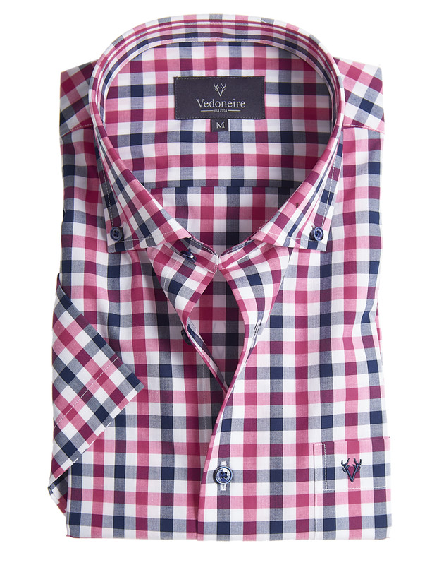 Men's short sleeve cotton shirt, berry and navy, by vedoneire of Ireland