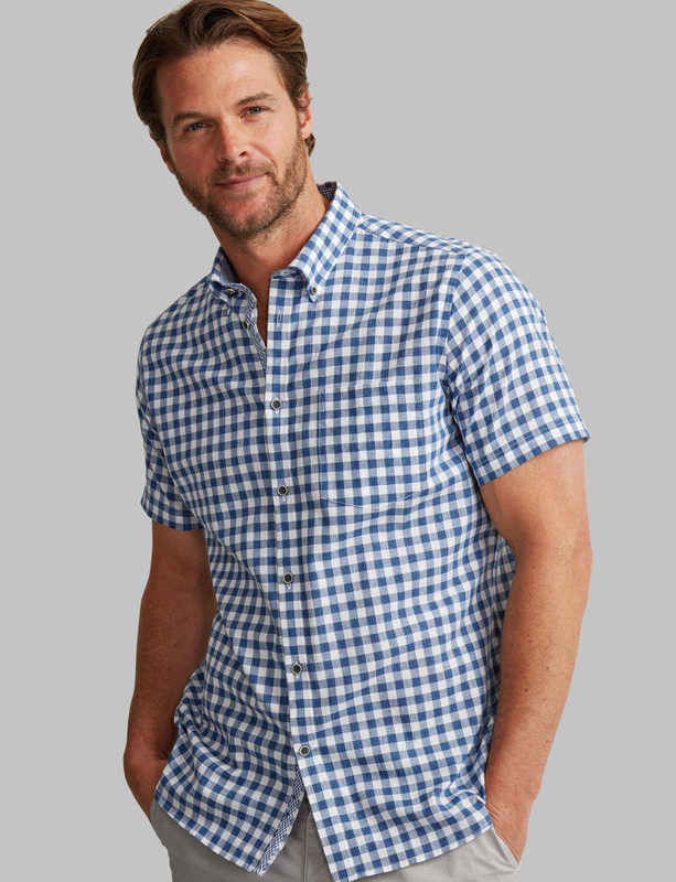 blue linen mix short sleeve shirt with pocket by Vedoneire of Ireland
