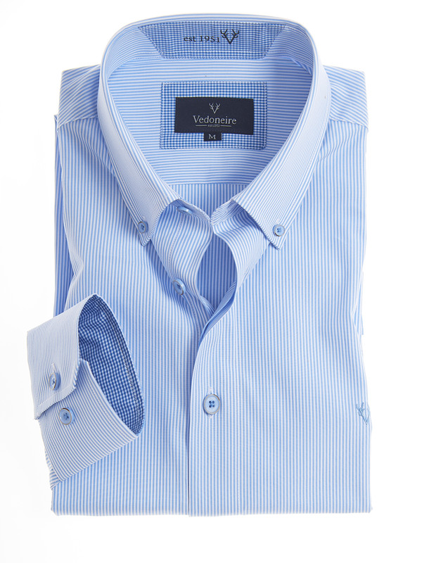 Men's button down premium cotton shirt in soft blue stripe