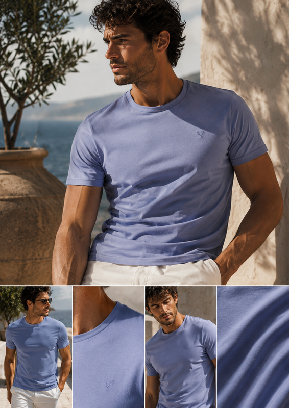 Men's Casual Round Neck  Cotton T-Shirt (2204) Blue Aura