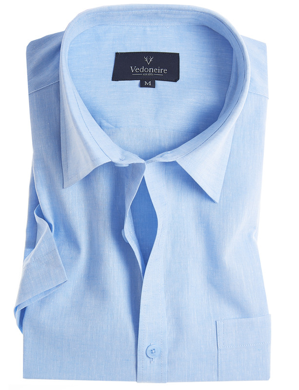  blue short sleeve linen mix shirt with pocket by Vedoneire of Ireland