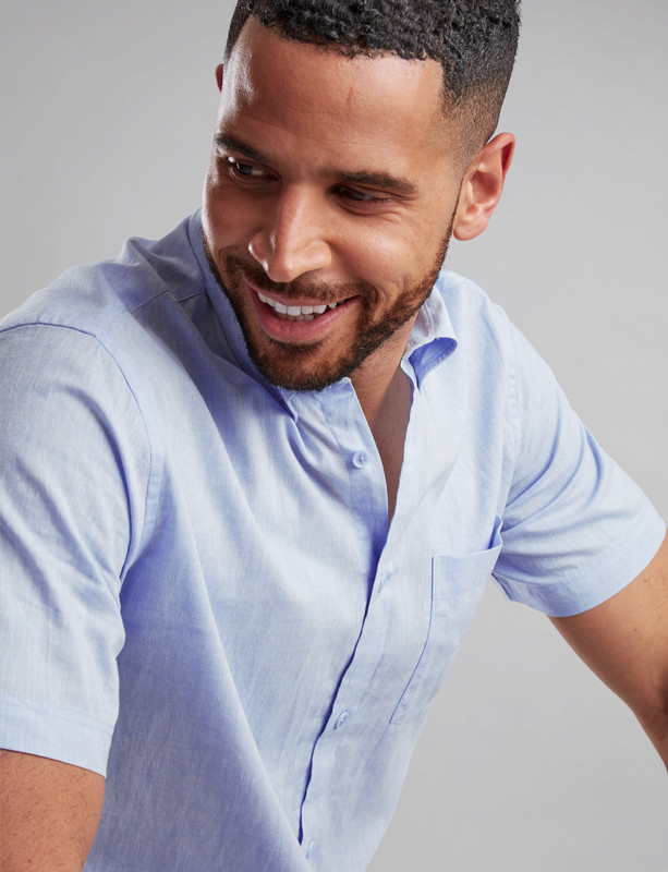 Men's Cool breathable blue short sleeve linen mix shirt with pocket