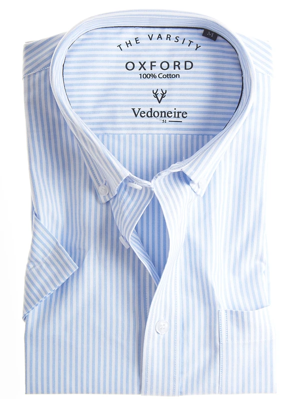 Men's short sleeve, 100% cotton, classic blue stripe Oxford shirt with Pocket