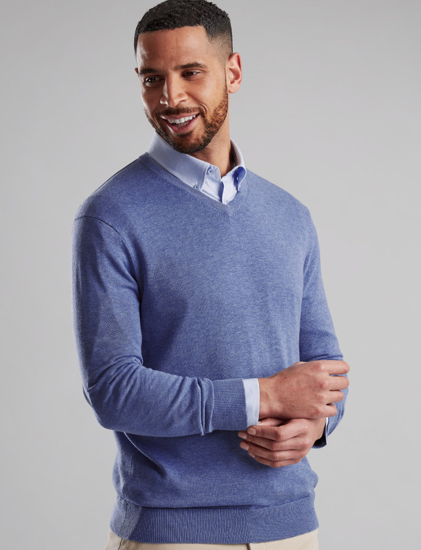 Men's V-Neck soft cotton sweater, blue aura, by Vedoneire of Ireland