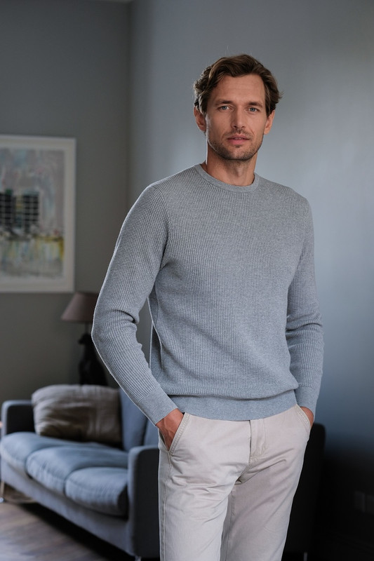 Mens textured light grey sweater jumper in square waffle pattern