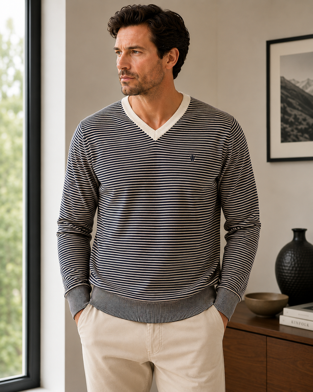 Mens Cotton V-Neck Striped Jumper (4310 Navy)