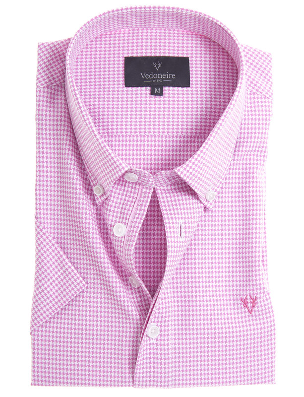 Mens Short Sleeve Cotton Shirt (2296 Pink Houndstooth) check plaid