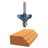 graphic of Bosch micrograin 1-3/8" Carbide-Tipped Cove and bead Router Bit displayed atop example piece of wood