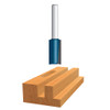 graphic of Bosch micrograin 3/4" Carbide-Tipped double flute straight Router Bit displayed atop example piece of wood