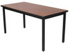 black and brown rectangular 60" x 24" table with 4 black legs that are at a fixed height of 29" tall