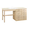 light maple planning bench with nine drawers on right and almond colored plastic laminate top