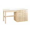 light maple planning bench with nine drawers on right and almond colored plastic laminate top