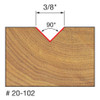 graphic showing side profile of cut made with 3/8" Freud V-Groove router bit including measurements