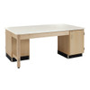 large almond table top has maple cabinet underneath on each side for storing sewing machines