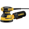 black and yellow dewalt 3 amp random orbit 5" palm sander with black cord and dust bag