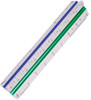 silver aluminum pyramid-shaped 4" ruler for architects with color-coded furrows ​of blue and green