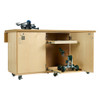 Maple plywood workbench with 3 storage compartments on swivel casters and 2 pull-out drawers