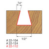 graphic showing side profile of cut made with 1/2" x 1/2" Freud Dovetail router bit including measurements