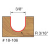 graphic showing side profile of cut made with 3/8" Freud Round Nose carbide-tipped router bit including measurements