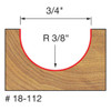 graphic showing side profile of cut made with 3/4" Freud Round Nose carbide-tipped router bit including measurements