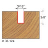 graphic showing side profile of cut made with 3/16" single flute straight router bit including measurements