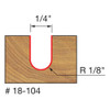 graphic showing side profile of cut made with 1/4" Freud Round Nose solid carbide router bit including measurements