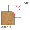 graphic showing side profile of cut made with 3/4" x 1/4" Rounding Over router bit including measurements