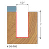 graphic showing side profile of cut made with Freud Top Bearing Flush Trim 1/2" router bit including measurements