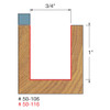 graphic showing side profile of cut made with Freud Top Bearing Flush Trim 3/4" router bit including measurements