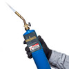 gloved hand holding blue fuel cylinder with Bernzomatic Classic double Brass Propane Torch Head with Pencil Flame