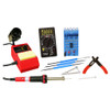 all parts of elenco basic hands-on electronics kit: solder station, soldering iron, multimeter and more