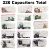 220 piece Deluxe Capacitor Kit includes disc, mylar, monolithic, and electrolytic capacitors