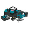 all pieces included with makita cordless jig saw kit: saw, battery, charger, carrying case