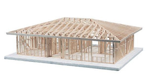 completed project of 1-Story Hip Roof House Framing Kit with bedrooms, bathroom, kitchen, dining, and more completed project of 1-Story Hip Roof House Framing Kit with bedrooms, bathroom, kitchen, dining, and more