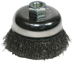 bosch 4" carbon steel crimped 0.012 gauge wire brush is 5/8" x 11 arbor for softer brushing action 