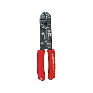 Klein 6-in-1 Stripper Cutter Shears bolts, measures stud sizes, cuts and strips wire, gauges wire sizes and crimps insulated terminals. Cuts bolt sizes 10-24, 10-32, 8-32, 6-32, 4-40.