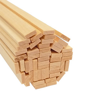 cut end of 50-pack bundle of light-colored bud nosen 1/8"H x 3/8"W x 24"L basswood strips cut end of 50-pack bundle of light-colored bud nosen 1/8"H x 3/8"W x 24"L basswood strips