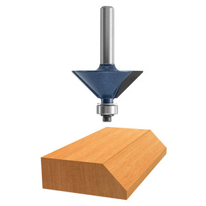 graphic of 1-5/16" diameter Bosch Carbide-Tipped Chamfer Router Bit entering piece of wood