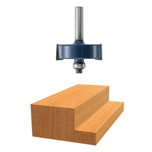 graphic of Bosch micrograin 3/8" Carbide-Tipped rabbeting Router Bit displayed atop example piece of wood graphic of Bosch micrograin 3/8" Carbide-Tipped rabbeting Router Bit displayed atop example piece of wood