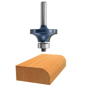 graphic of Bosch micrograin 3/8" Carbide-Tipped roundover Router Bit displayed atop example piece of wood graphic of Bosch micrograin 3/8" Carbide-Tipped roundover Router Bit displayed atop example piece of wood