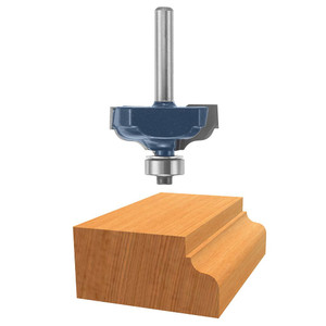 graphic of Bosch micrograin 1-3/8" Carbide-Tipped ogee Router Bit displayed atop example piece of wood