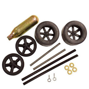 ABS Dragster Wheel Kit includes CO2 cartridge, 4 black wheels, axle washers, steel axles, screw eyes