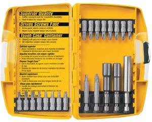 yellow molded screwdriver bit storage case with 18 bits, 2 nutdrivers and a magnetic bit tip holder