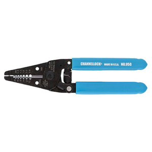 Channellock Dual Purpose 6" Wire Stripper/Cutter has laser-etched gauge indicators, lock, blue comfort grips