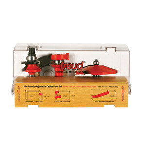 Freud 3-Piece Premier Adjustable Cabinet Bit Set with rail bit, stile bit, and raised panel bit