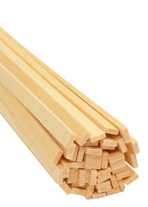 cut end of 45-pack bundle of light-colored bud nosen 1/16"H x 3/16"W x 24"L basswood strips cut end of 45-pack bundle of light-colored bud nosen 1/16"H x 3/16"W x 24"L basswood strips