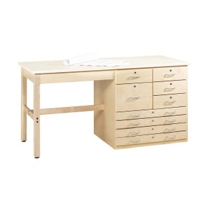 light maple planning bench with nine drawers on right and almond colored plastic laminate top
