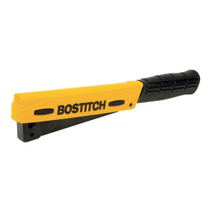 yellow and black Bostitch PowerCrown Hammer Tacker with rubber grip uses STCR5019 series staples
