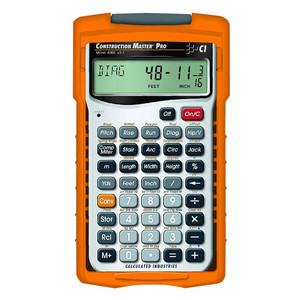orange Calculated Industries Construction Master Pro Calculator with silver face and gray number keys orange Calculated Industries Construction Master Pro Calculator with silver face and gray number keys